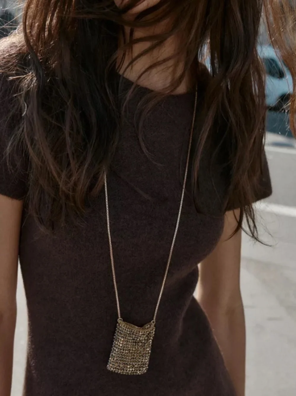 Zara NWT Gold Diamanté Bag Necklace Crystal Pendant 1011/286/303